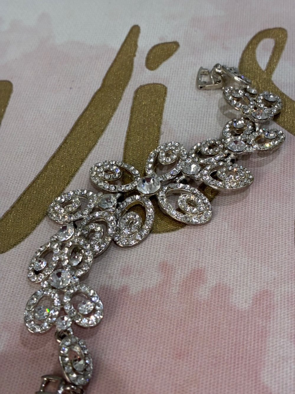 Crystal Glass Floral Statement Bracelet - Silver Tone